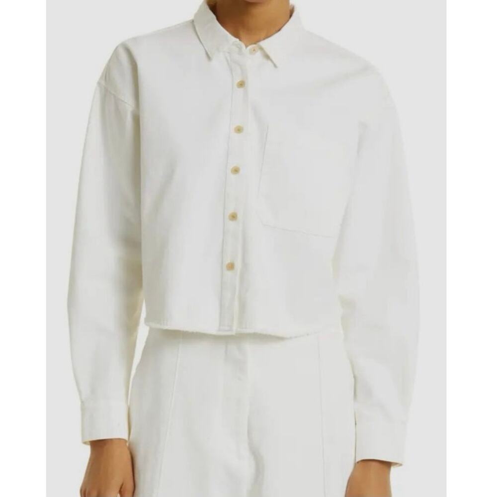 ATM Ivory Cotton Twill Cropped Button Front Frayed Hem Shirt Small